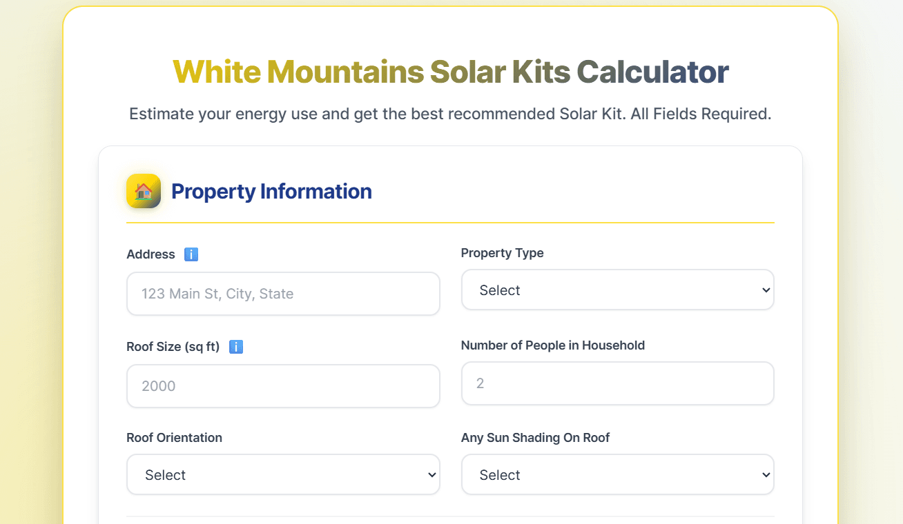 White Mountain Solar Calculator preview showing solar kit configurator